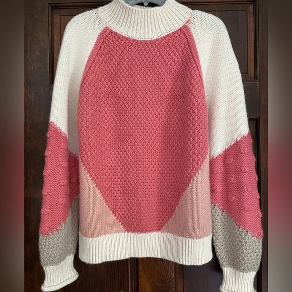 LOFT Sweaters - Loft Pink Colorblock Balloon Sleeve Chunky Knit Mock Neck Grandmacore Sweater XS